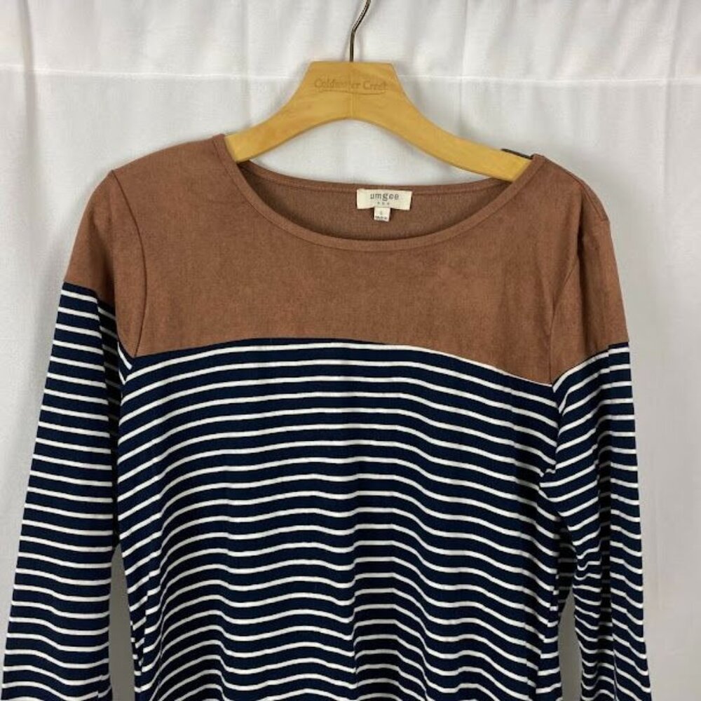 Umgee Preppy Striped Long Sleeve Suede Accent Knee Length T-Shirt Dress Sz Med. - Picture 4 of 16